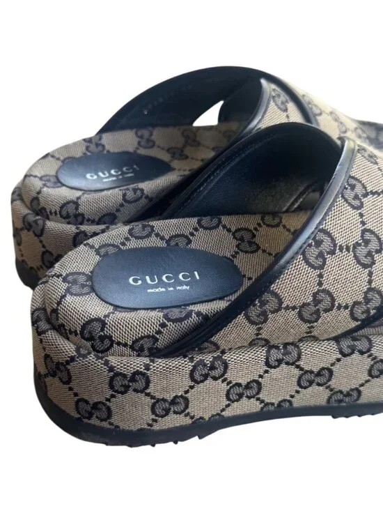 Gucci GG Canvas Platform Sandals Beige/Black Womens Size 36 Made In Italy - Picture 4 of 15